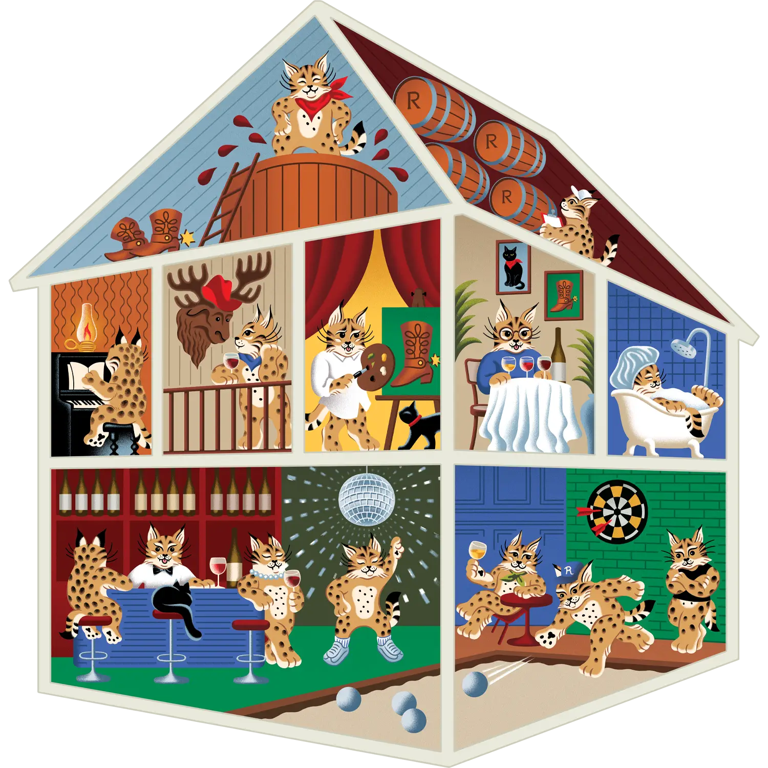 The House of Reddy — a cutaway of the winery house, each room at work and at play