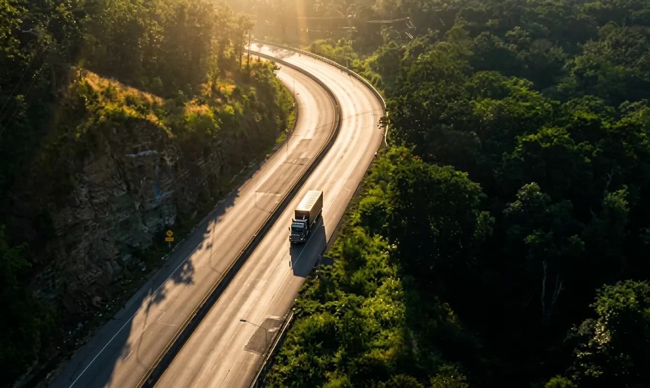 A freight truck on the highway at first light