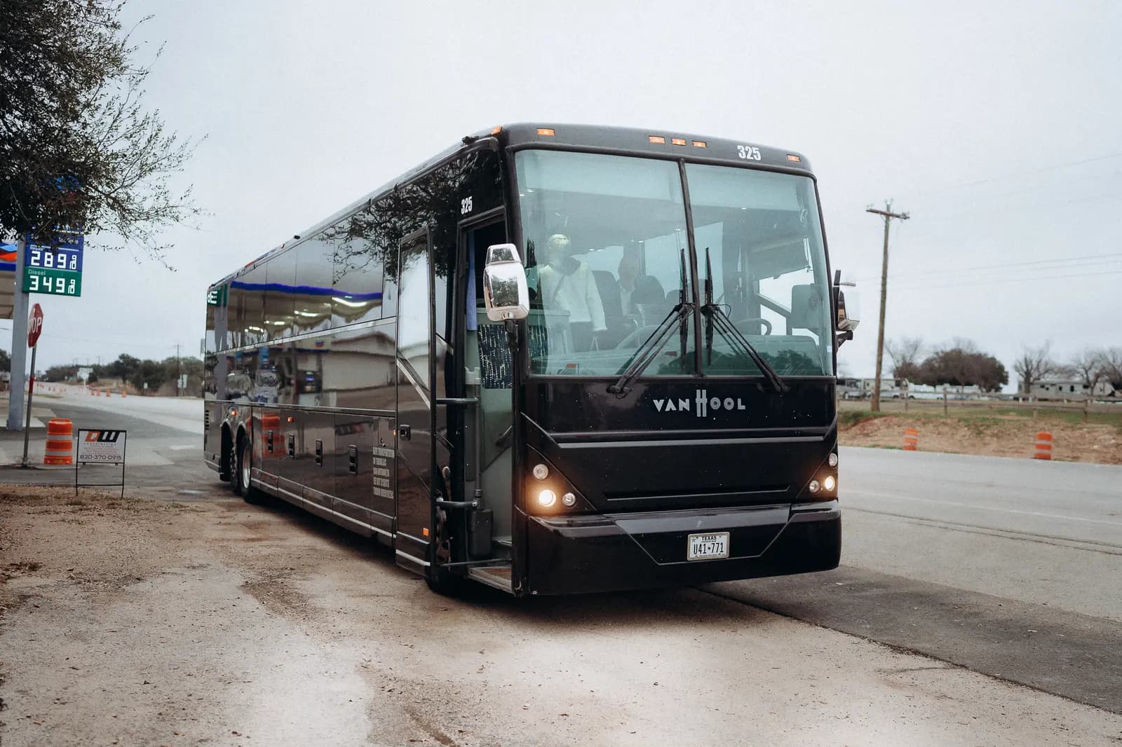 A charter coach parked at the roadside in Stonewall, Texas